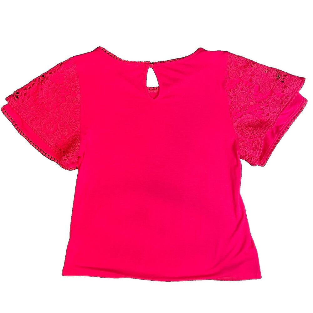 Bellini EUC Pink Knit Lace Accent Scoop Neck Flutter Crochet Sleeve Top Women M - Picture 4 of 10